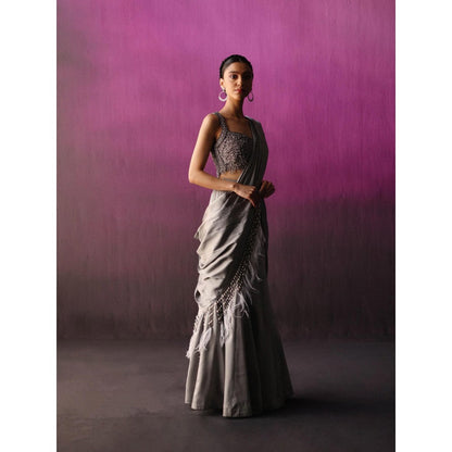 DRISHTI CHHABRAA The Grey Scallop Crystal Drape Saree with Stitched Blouse