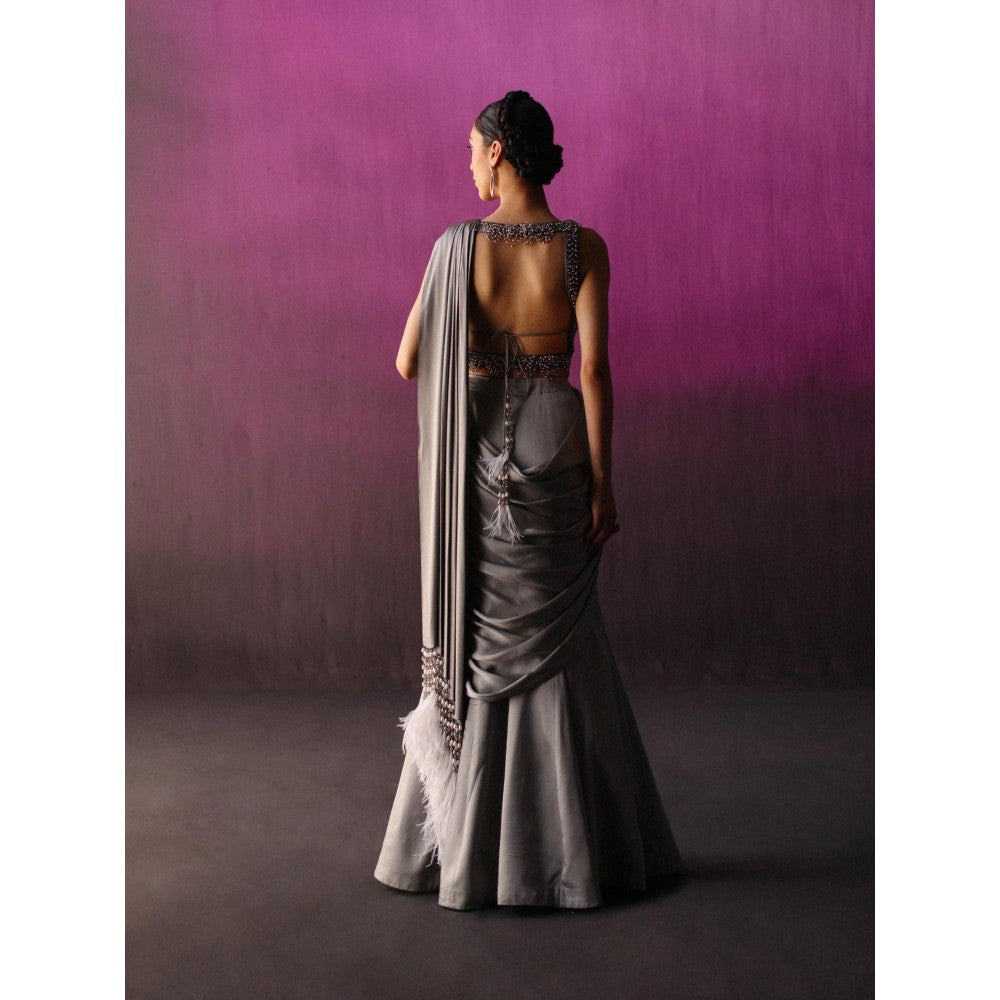 DRISHTI CHHABRAA The Grey Scallop Crystal Drape Saree with Stitched Blouse