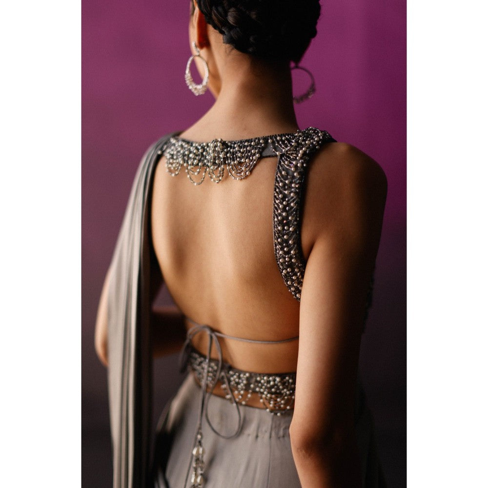 DRISHTI CHHABRAA The Grey Scallop Crystal Drape Saree with Stitched Blouse