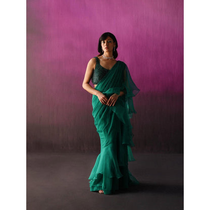 DRISHTI CHHABRAA The Green Chandelier Blouse Drape Saree with Stitched Blouse