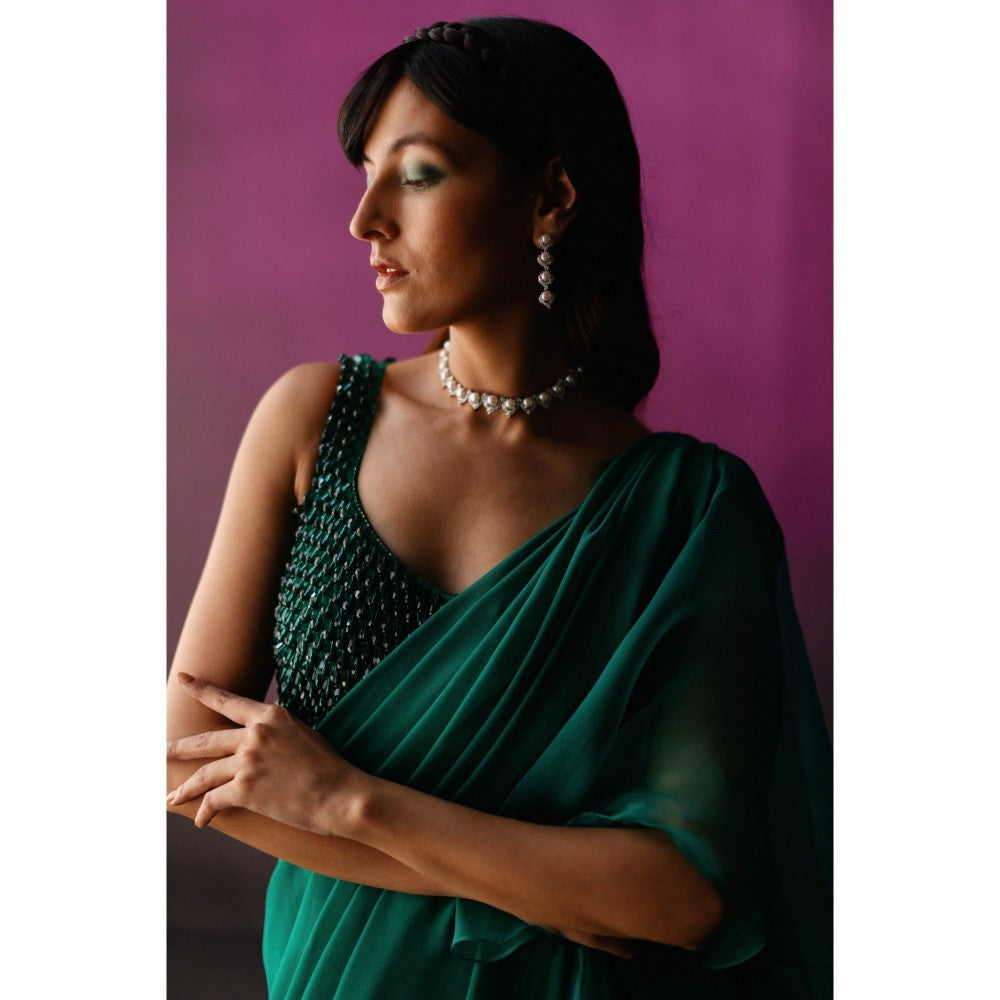 DRISHTI CHHABRAA The Green Chandelier Blouse Drape Saree with Stitched Blouse