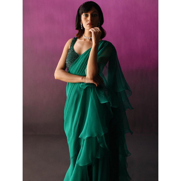 DRISHTI CHHABRAA The Green Chandelier Blouse Drape Saree with Stitched Blouse