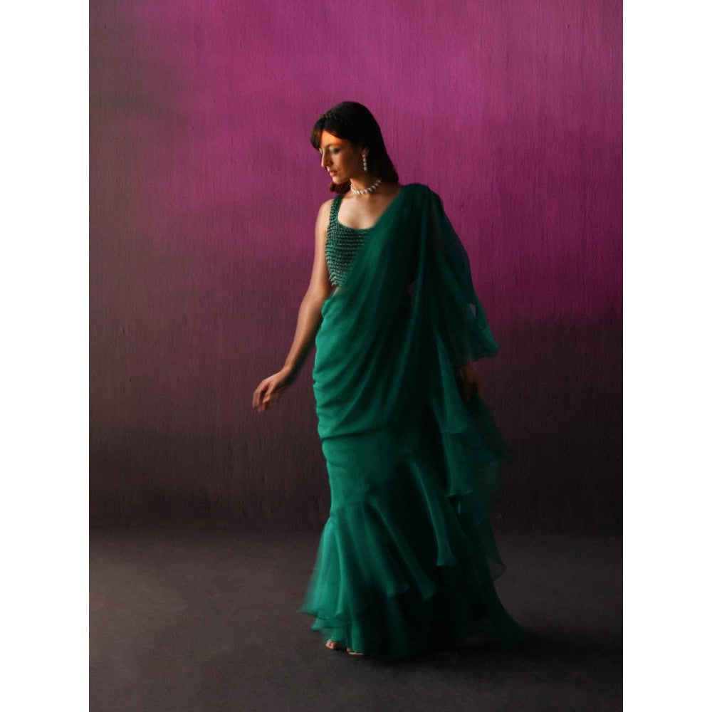 DRISHTI CHHABRAA The Green Chandelier Blouse Drape Saree with Stitched Blouse