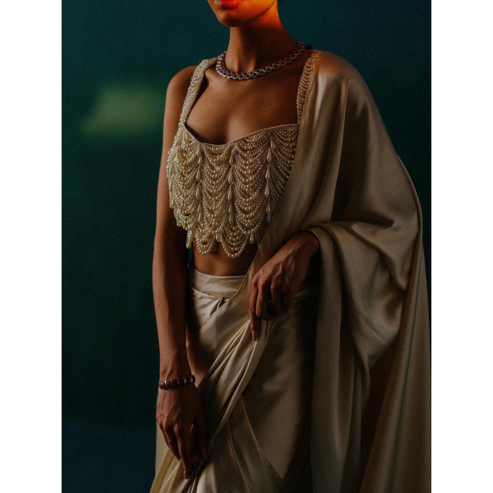 DRISHTI CHHABRAA The White Goddess Drape Saree with Stitched Blouse
