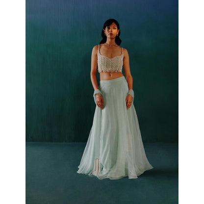 DRISHTI CHHABRAA Sky Blue Organza & Pearl Lehenga with Blouse & Dupatta (Set of 3)