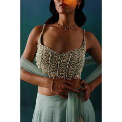 DRISHTI CHHABRAA Sky Blue Organza & Pearl Lehenga with Blouse & Dupatta (Set of 3)