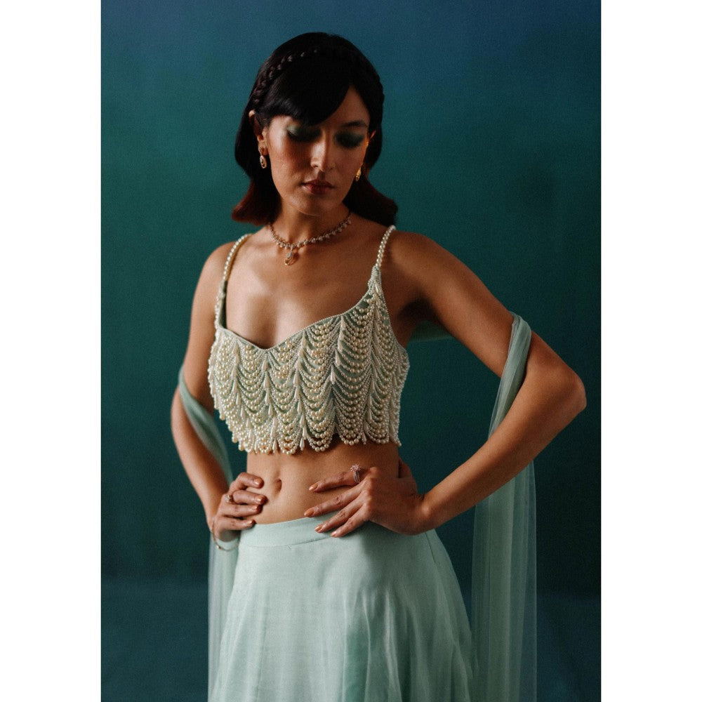 DRISHTI CHHABRAA Sky Blue Organza & Pearl Lehenga with Blouse & Dupatta (Set of 3)