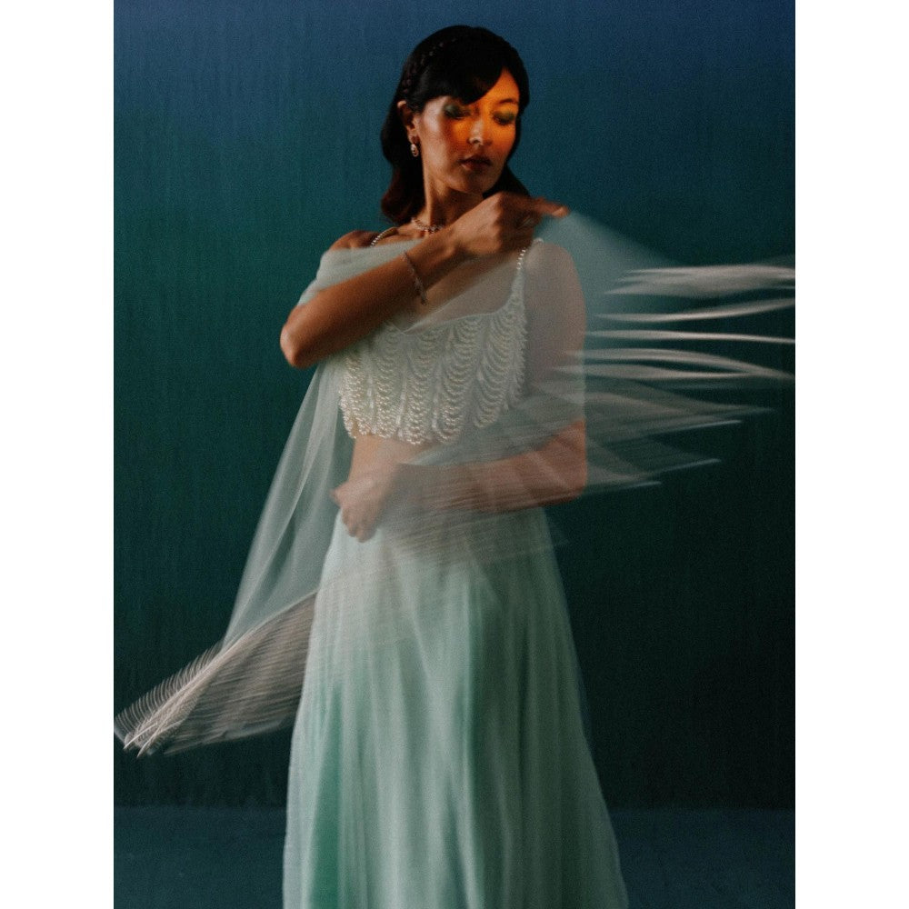 DRISHTI CHHABRAA Sky Blue Organza & Pearl Lehenga with Blouse & Dupatta (Set of 3)