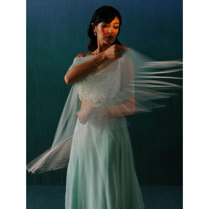 DRISHTI CHHABRAA Sky Blue Organza & Pearl Lehenga with Blouse & Dupatta (Set of 3)