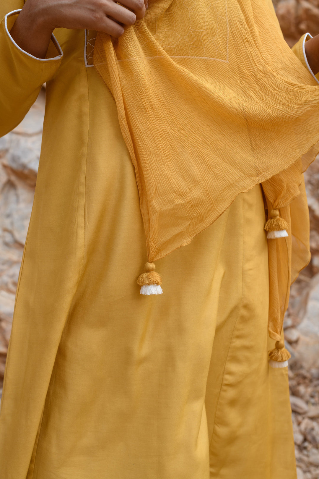 Kapraaha Kurta Paired with Straight Pants and Embroidered Dupatta Mustard (Set of 3)