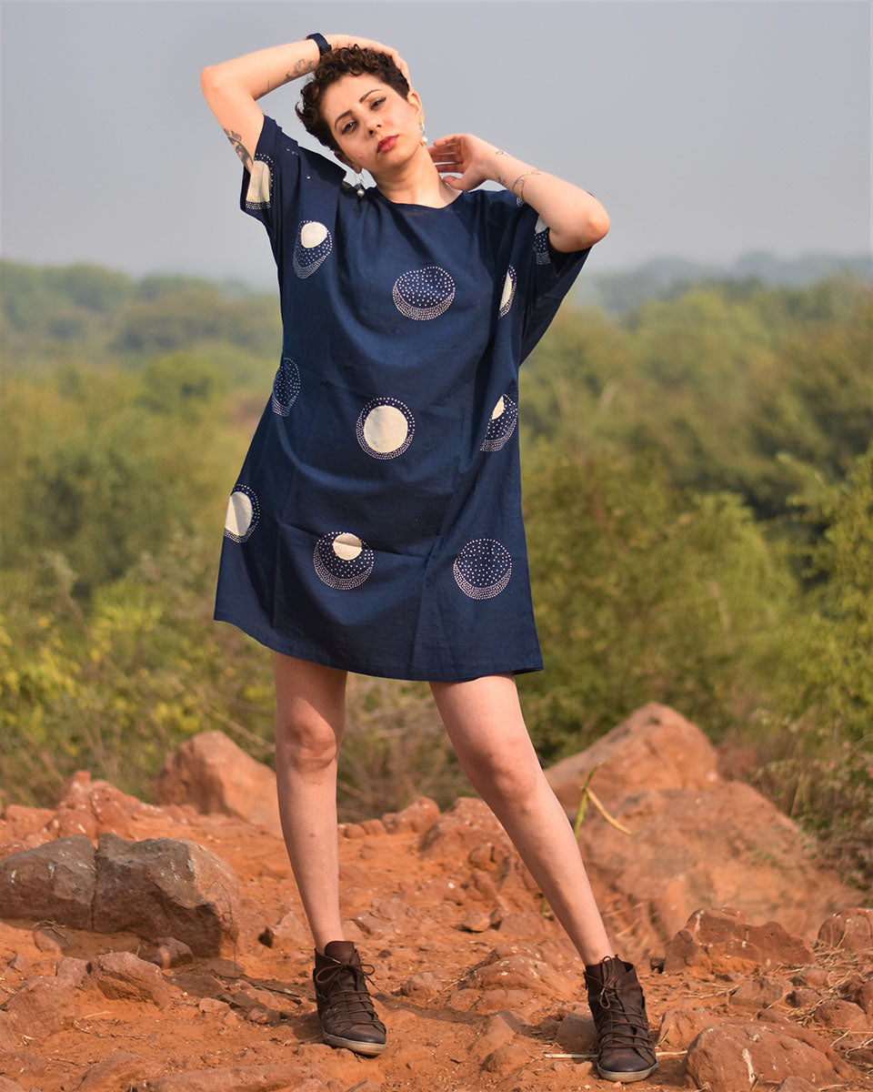 Chidiyaa Indigo Moonshine Block Printed Cotton Dress Awargi
