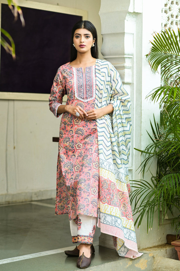 Peach Handblock Printed Dupatta Set Yufta Store