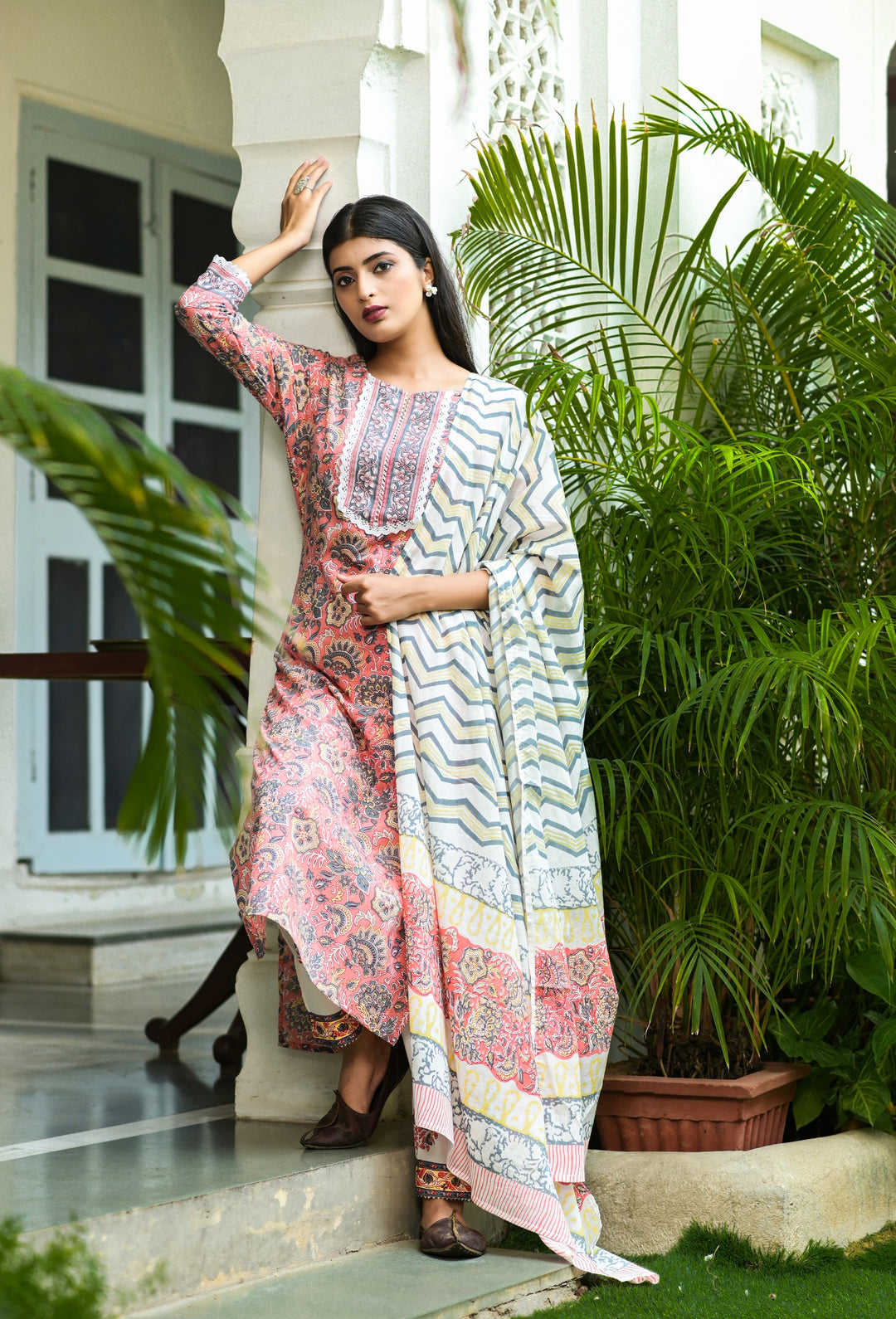 Peach Handblock Printed Dupatta Set Yufta Store