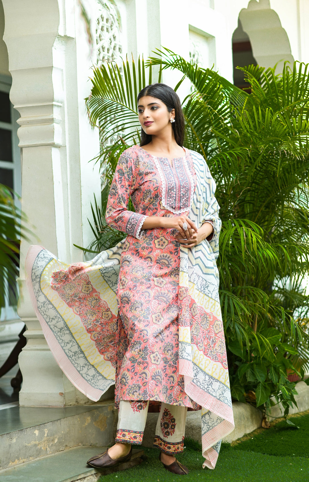 Peach Handblock Printed Dupatta Set Yufta Store