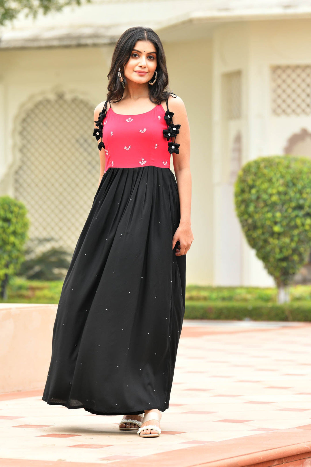 Aaheli Fuchsia-Black Embroidered Rayon Dress Singles