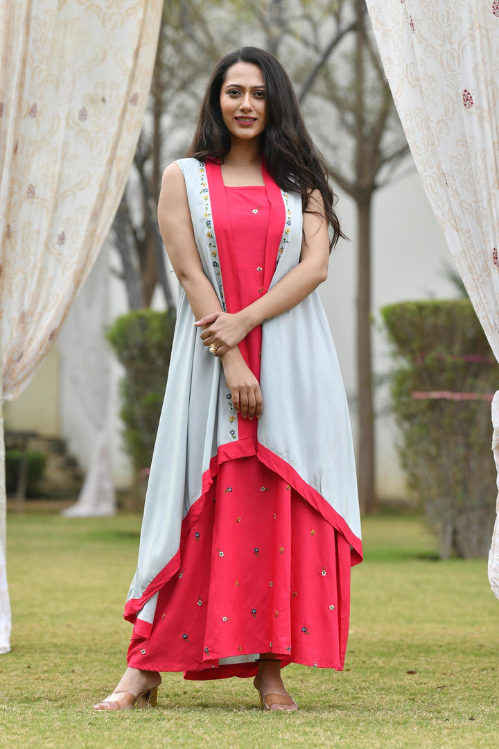 Aaheli Raspberry-Grey Embroidered Dress With Shrug (Pack of 2)