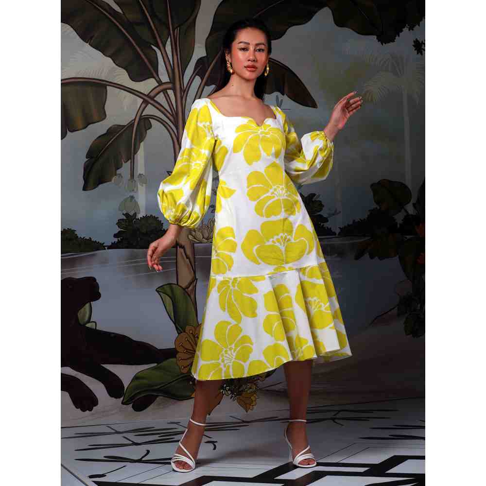 Ekastories Yellow Sonder Tea Length Dress
