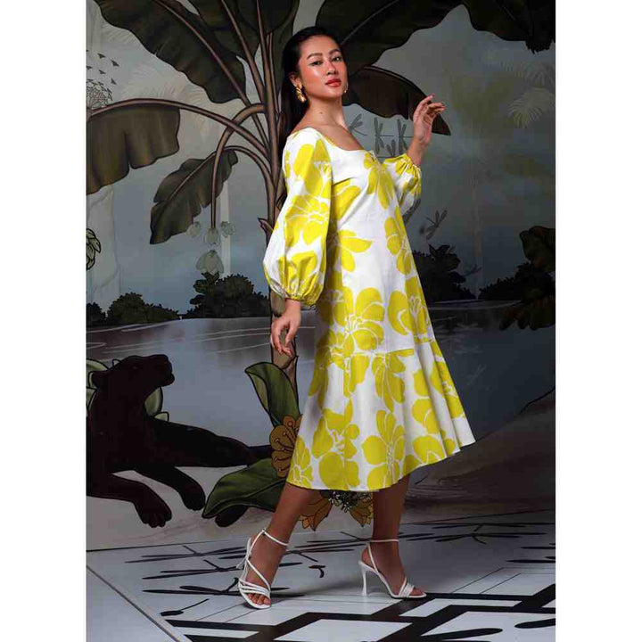 Ekastories Yellow Sonder Tea Length Dress