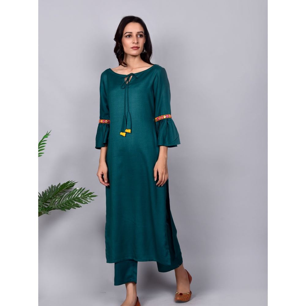 Empress Pitara Green Cotton Bell Sleeves Suit Set