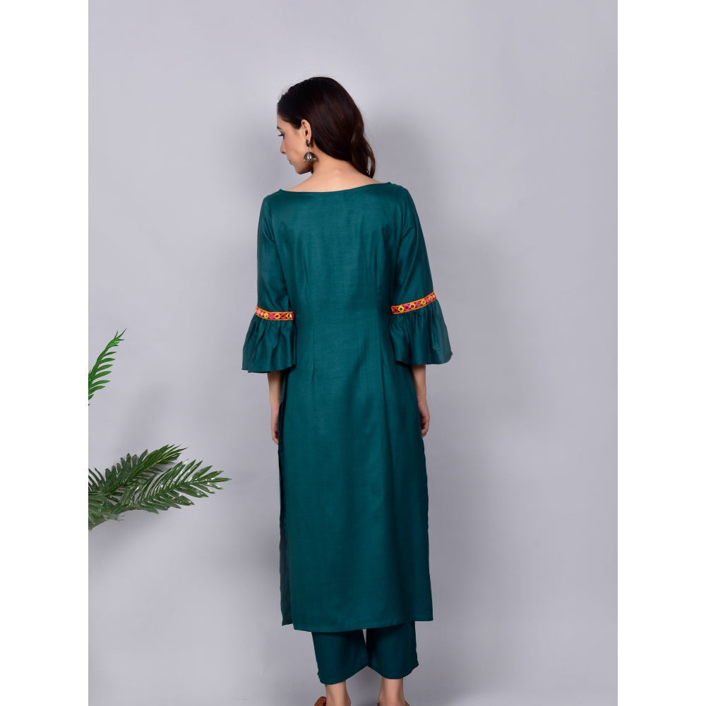 Empress Pitara Green Cotton Bell Sleeves Suit Set