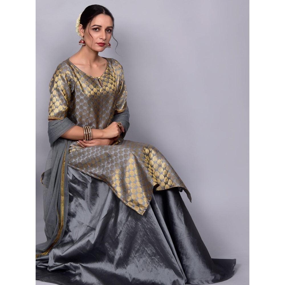 Empress Pitara Dilkash Grey Brocade Skirt Set (Set of 3)(XS)