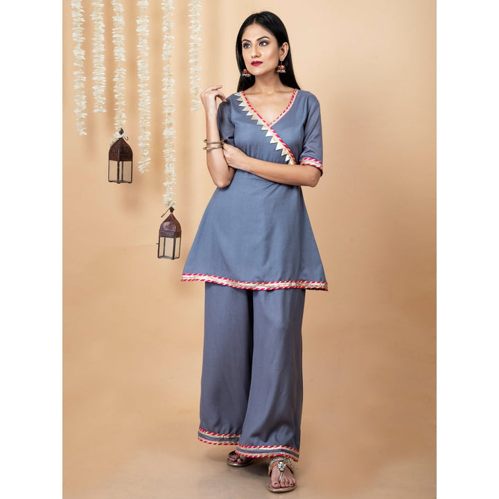 EMPRESS PITARA Grey Angrakha Gotta Kurta With Palazzo (Set of 2)