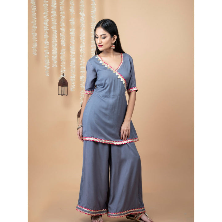 EMPRESS PITARA Grey Angrakha Gotta Kurta With Palazzo (Set of 2)