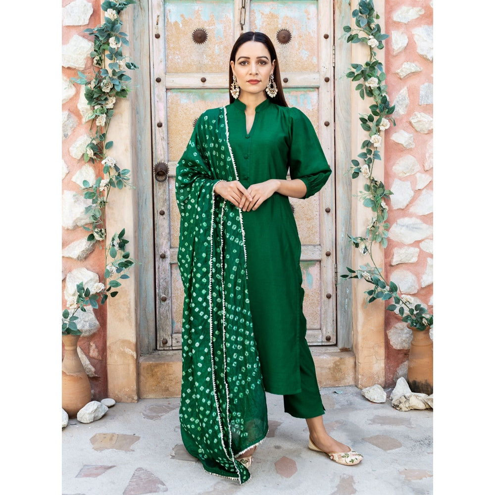 EMPRESS PITARA Emerald Green Silk Kurta And Pant With Bandhej Dupatta (Set of 3)