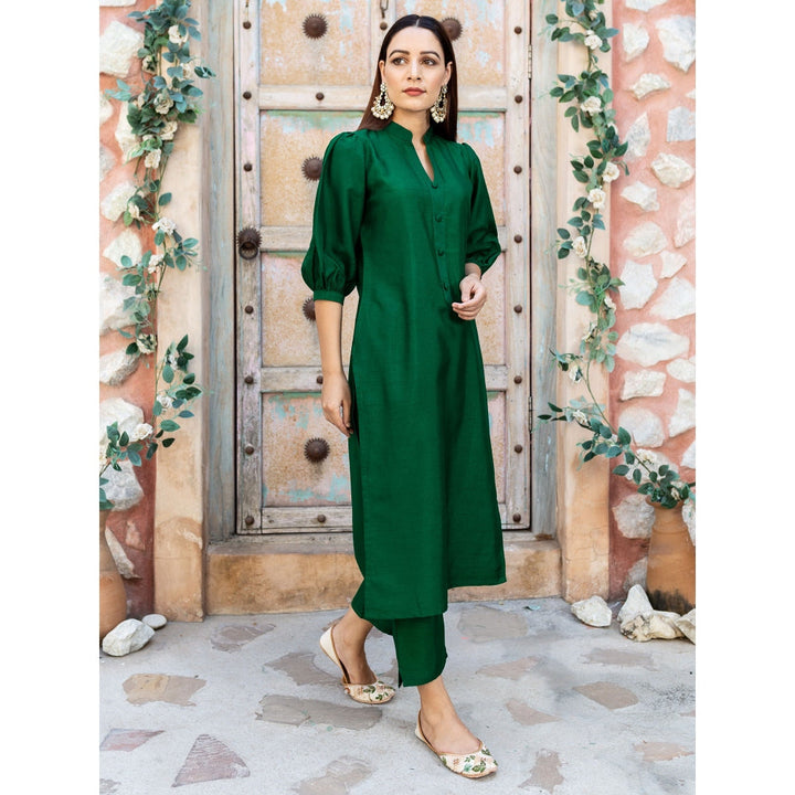 EMPRESS PITARA Emerald Green Silk Kurta And Pant With Bandhej Dupatta (Set of 3)