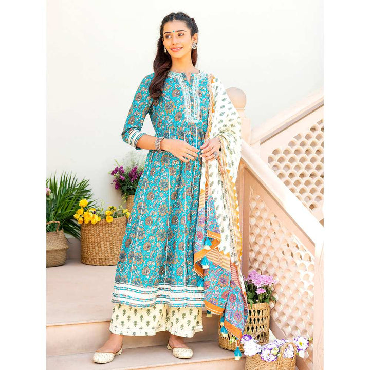 EverBloom Nazreen Printed Blue Embroidered Flared Kurta With Pant & Dupatta (Set of 3)