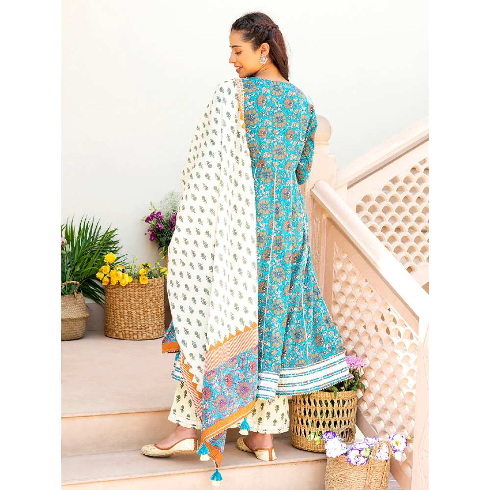 EverBloom Nazreen Printed Blue Embroidered Flared Kurta With Pant & Dupatta (Set of 3)