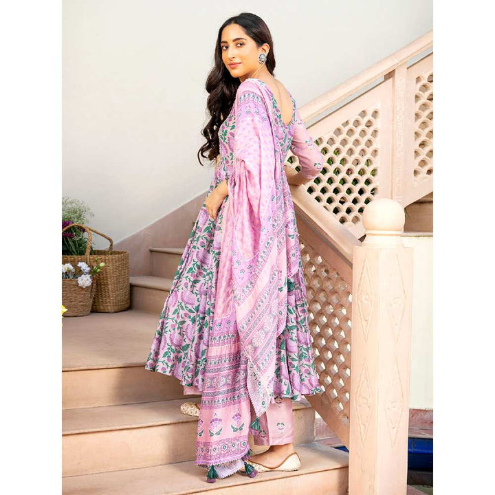 EverBloom Gulshan Printed Pink Embroidered Flared Kurta With Pant & Dupatta (Set of 3)