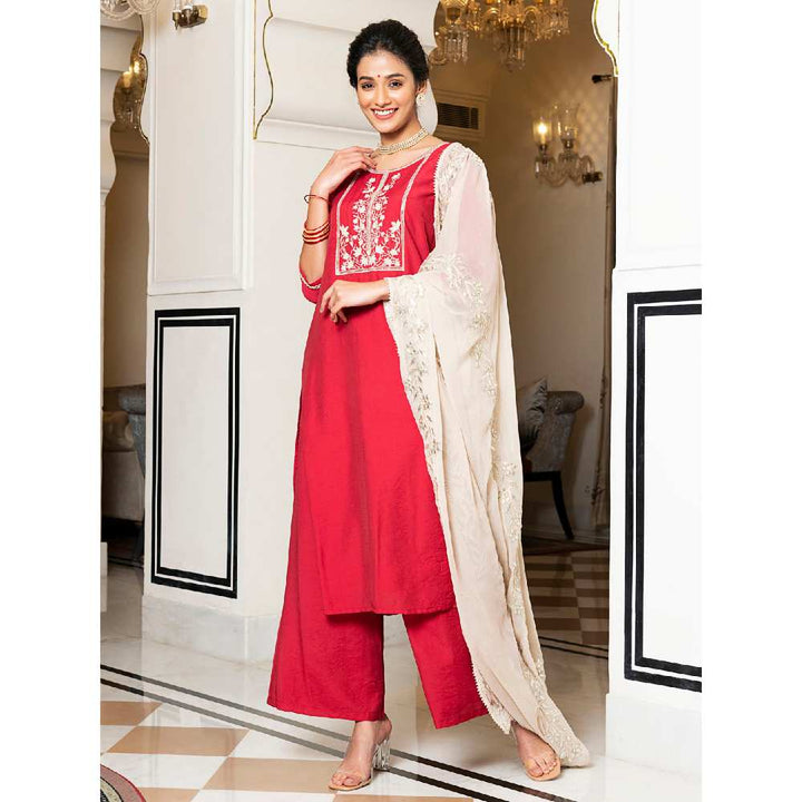 EverBloom Pakhi Red Embroidered Kurta With Pant & Dupatta (Set of 3)