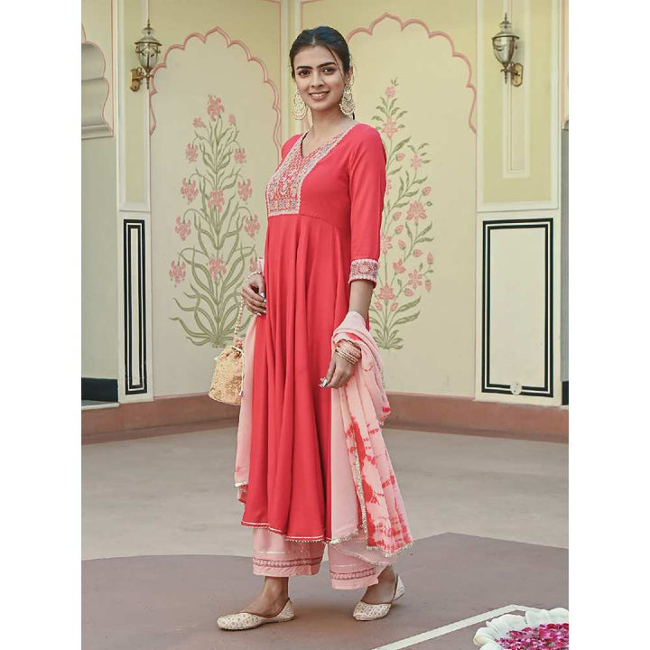 EverBloom Bahaara Red-Peach Embroidered Flared Kurta With Pant & Dupatta (Set of 3)