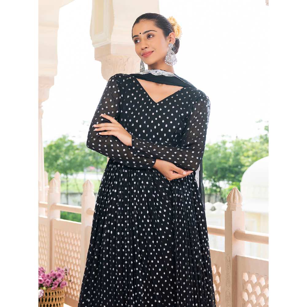 EverBloom Naaz Black Lurex Flared Kurta With Pant & Dupatta (Set of 3)