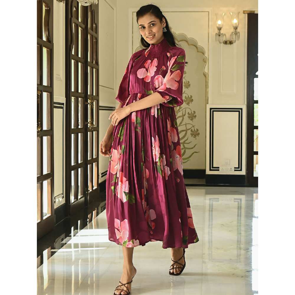 EverBloom Puce Printed Maroon High Neck Dress With Balloon Sleeves