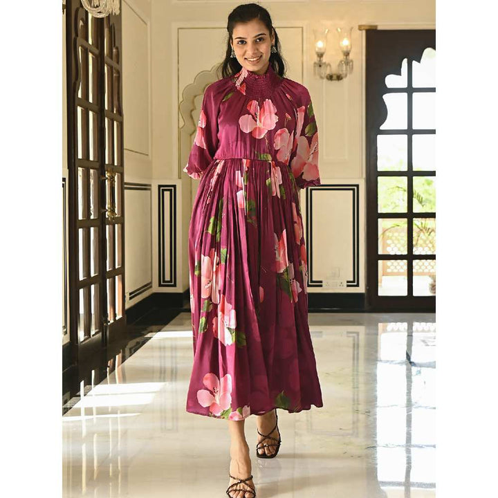 EverBloom Puce Printed Maroon High Neck Dress With Balloon Sleeves
