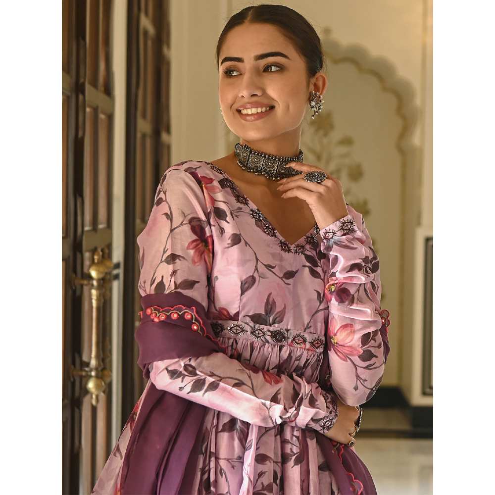 EverBloom Panchi Printed Purple Embroidered Flared Kurta With Sharara & Dupatta (Set of 3)