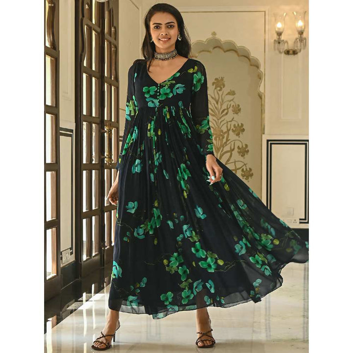 EverBloom Forest Printed Navy Blue Flared Dress With Long Sleeves