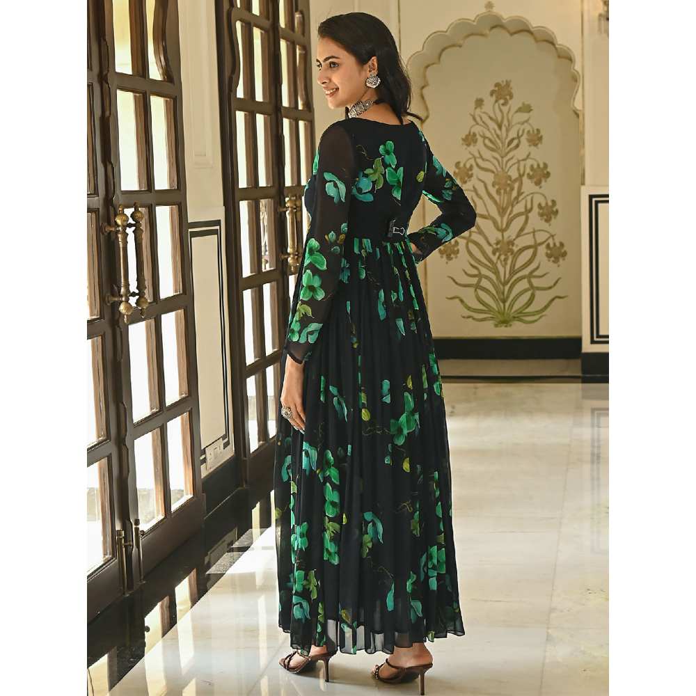 EverBloom Forest Printed Navy Blue Flared Dress With Long Sleeves