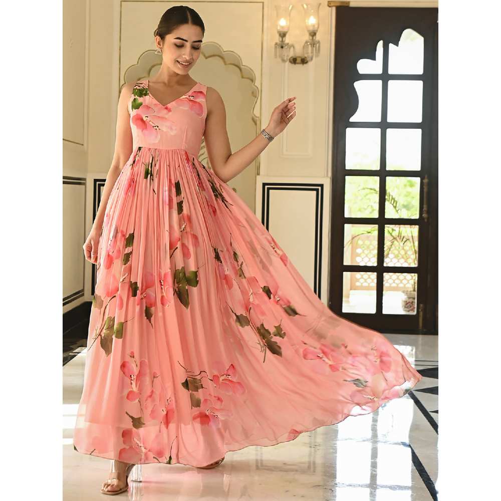 EverBloom Drupe Printed Pink Sleeveless Long Dress