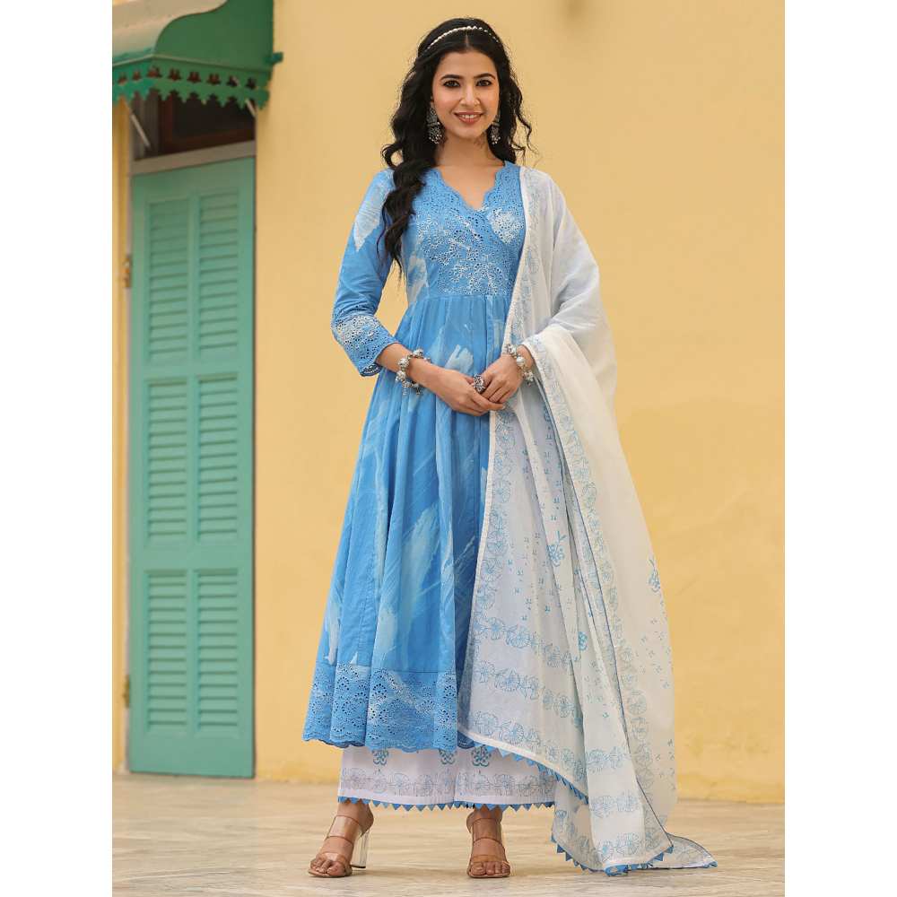 EverBloom Noor Blue Brush Paint Long Flared Kurta With Palazzo And Dupatta (Set of 3)