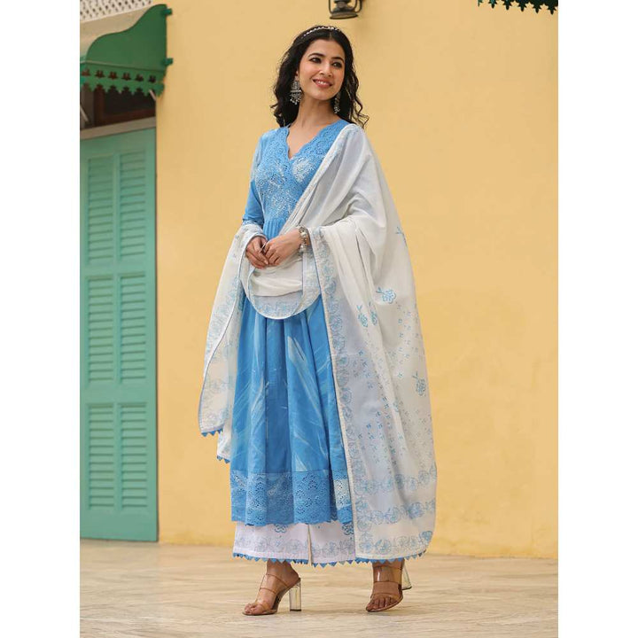 EverBloom Noor Blue Brush Paint Long Flared Kurta With Palazzo And Dupatta (Set of 3)