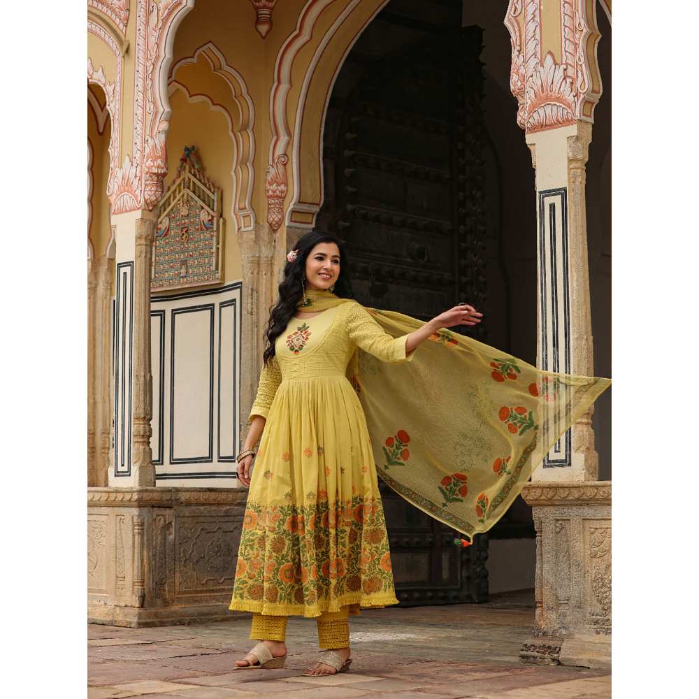 EverBloom Agni Yellow Ombre Block Printed Flared Long Kurta With Pant And Dupatta (Set of 3)