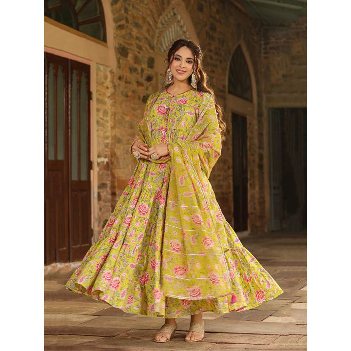 EverBloom Rida Tiered Green Long Floral Printed Suit Set With Pant And Dupatta (Set of 3)
