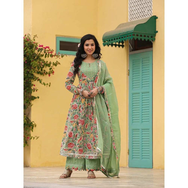 EverBloom Iris Mint Anarkali Floral Printed Suit Set With Palazzo And Dupatta (Set of 3)