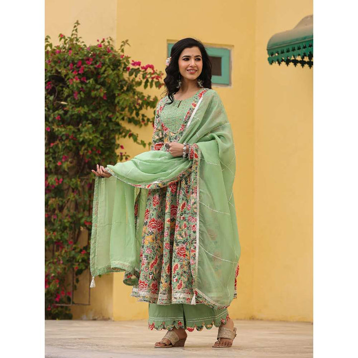 EverBloom Iris Mint Anarkali Floral Printed Suit Set With Palazzo And Dupatta (Set of 3)