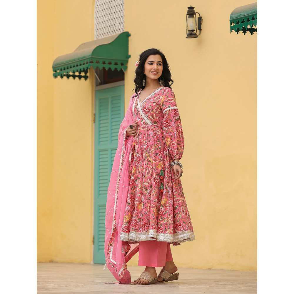 EverBloom Mehar Anarkali Floral Printed Gathered Suit Set With Palazzo And Dupatta (Set of 3)