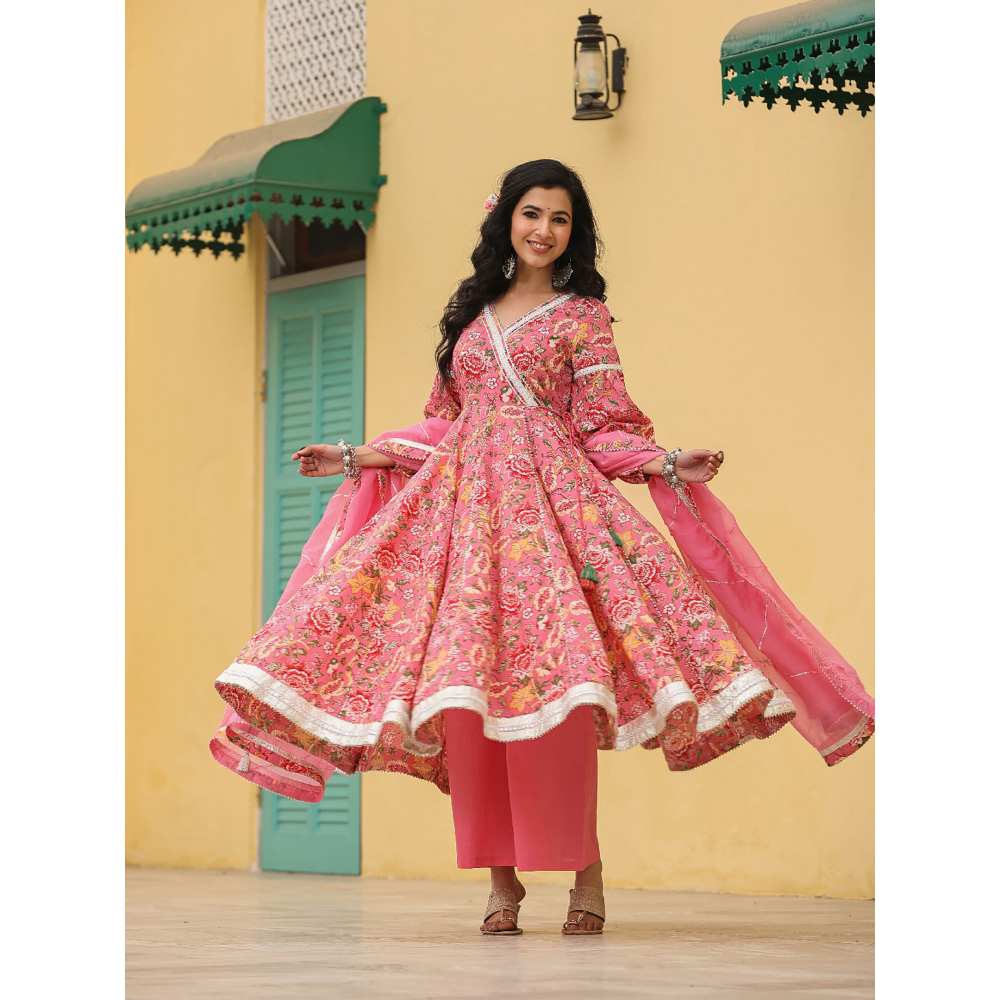 EverBloom Mehar Anarkali Floral Printed Gathered Suit Set With Palazzo And Dupatta (Set of 3)