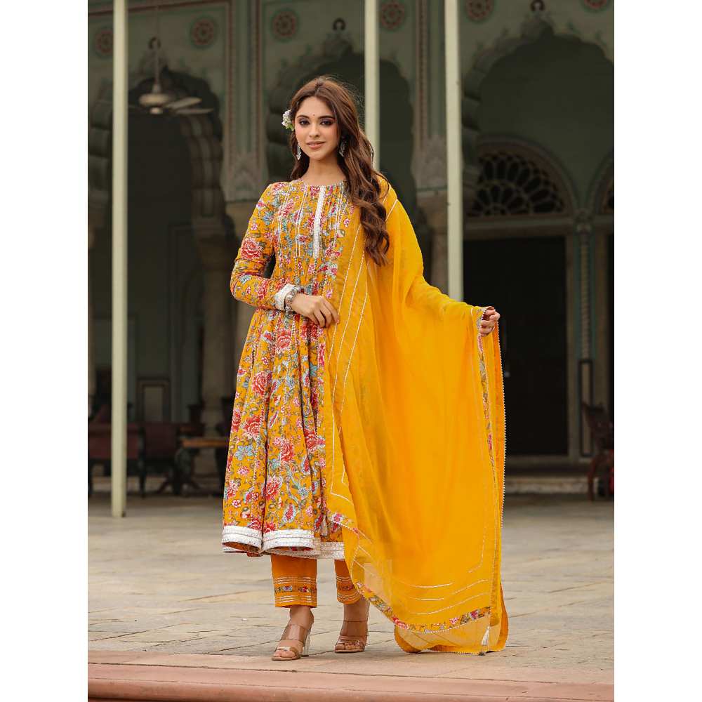 EverBloom Inaya Yellow Floral Printed Anarkali Suit Set With Pant And Dupatta (Set of 3)